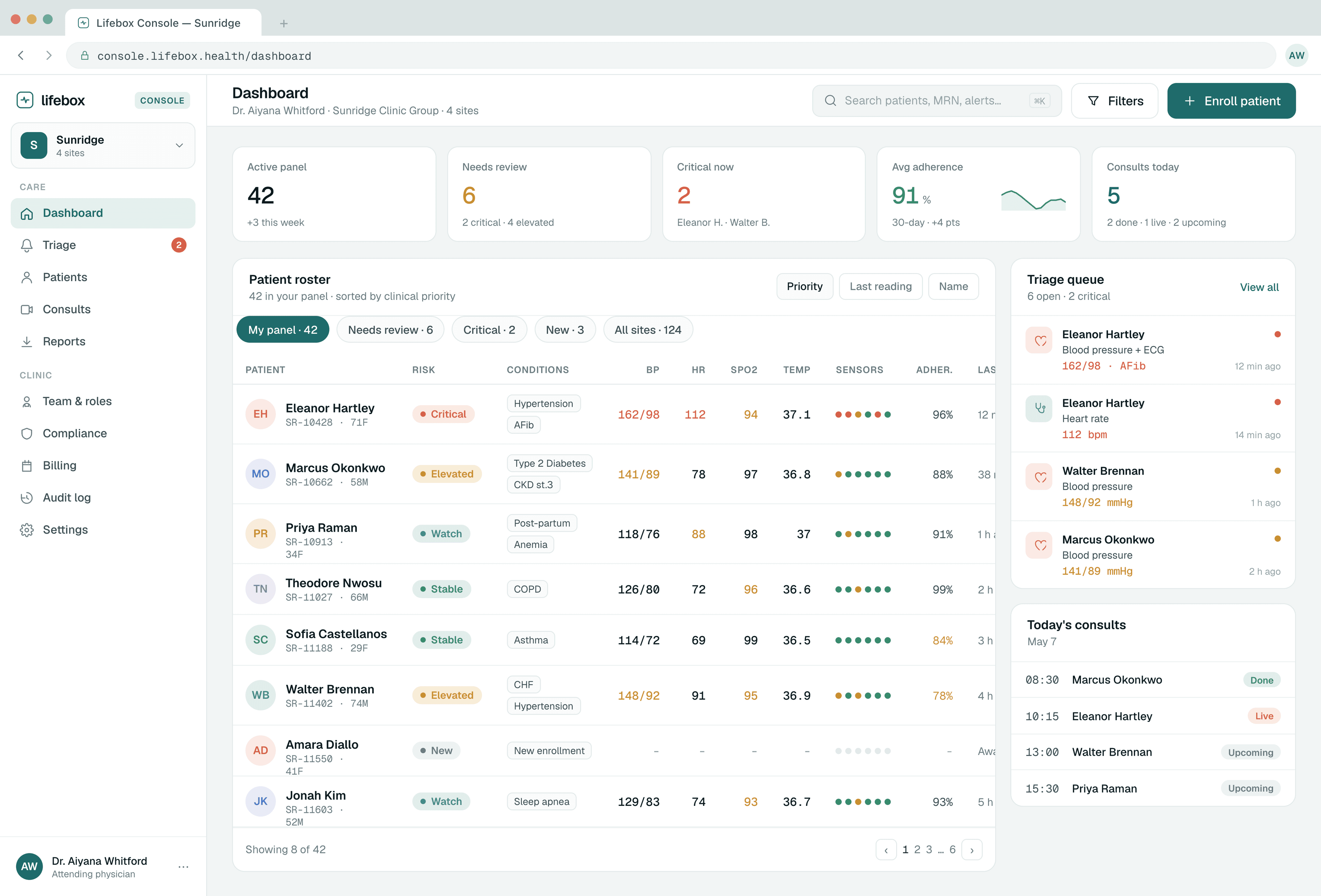 Lifebox Clinician Console — patient roster and dashboard