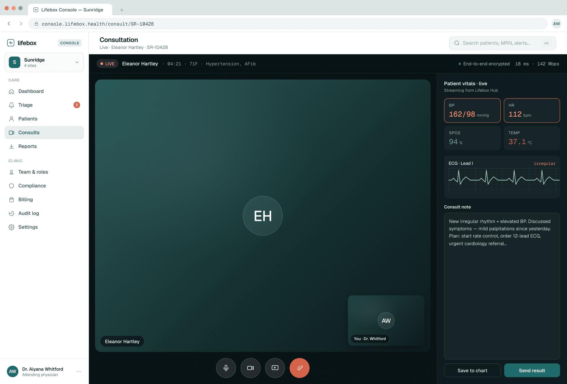 Live telehealth consultation in the Lifebox clinician console
