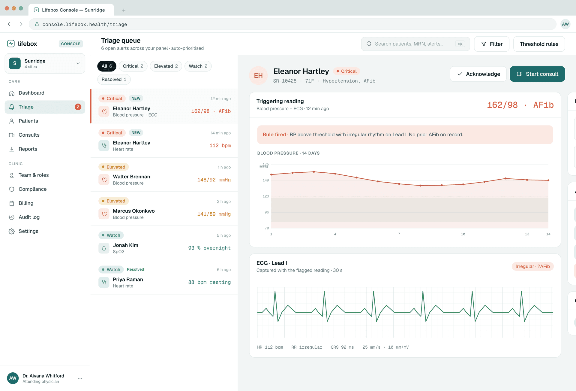 Lifebox clinician console — triage queue